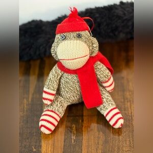 Sock Monkey Plush Ornament with Red Accents Button Eyes Hanging Ribbon 7"